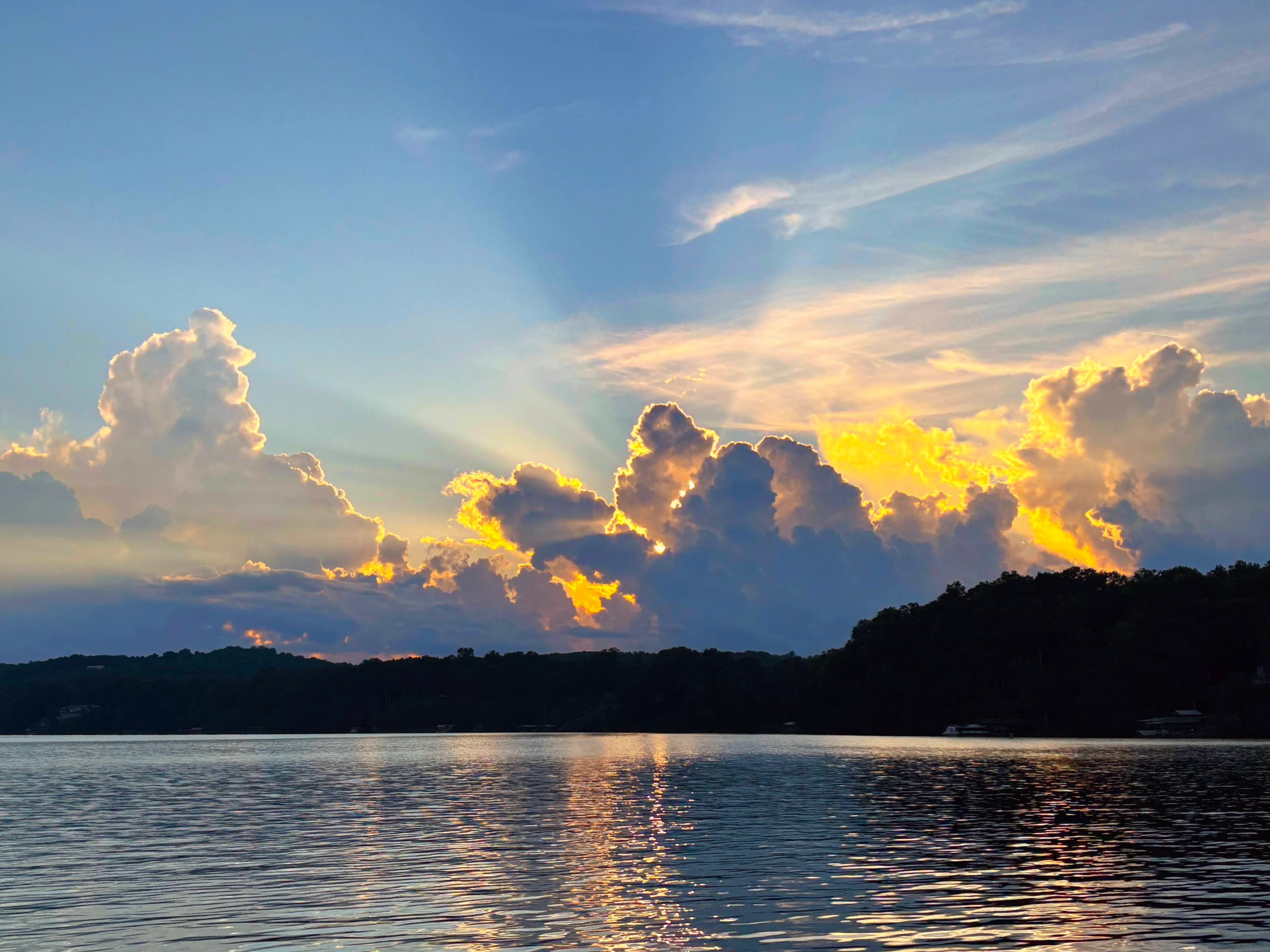 Sunset sunbeams over Watts Bar Lake in Roane County, Tennessee