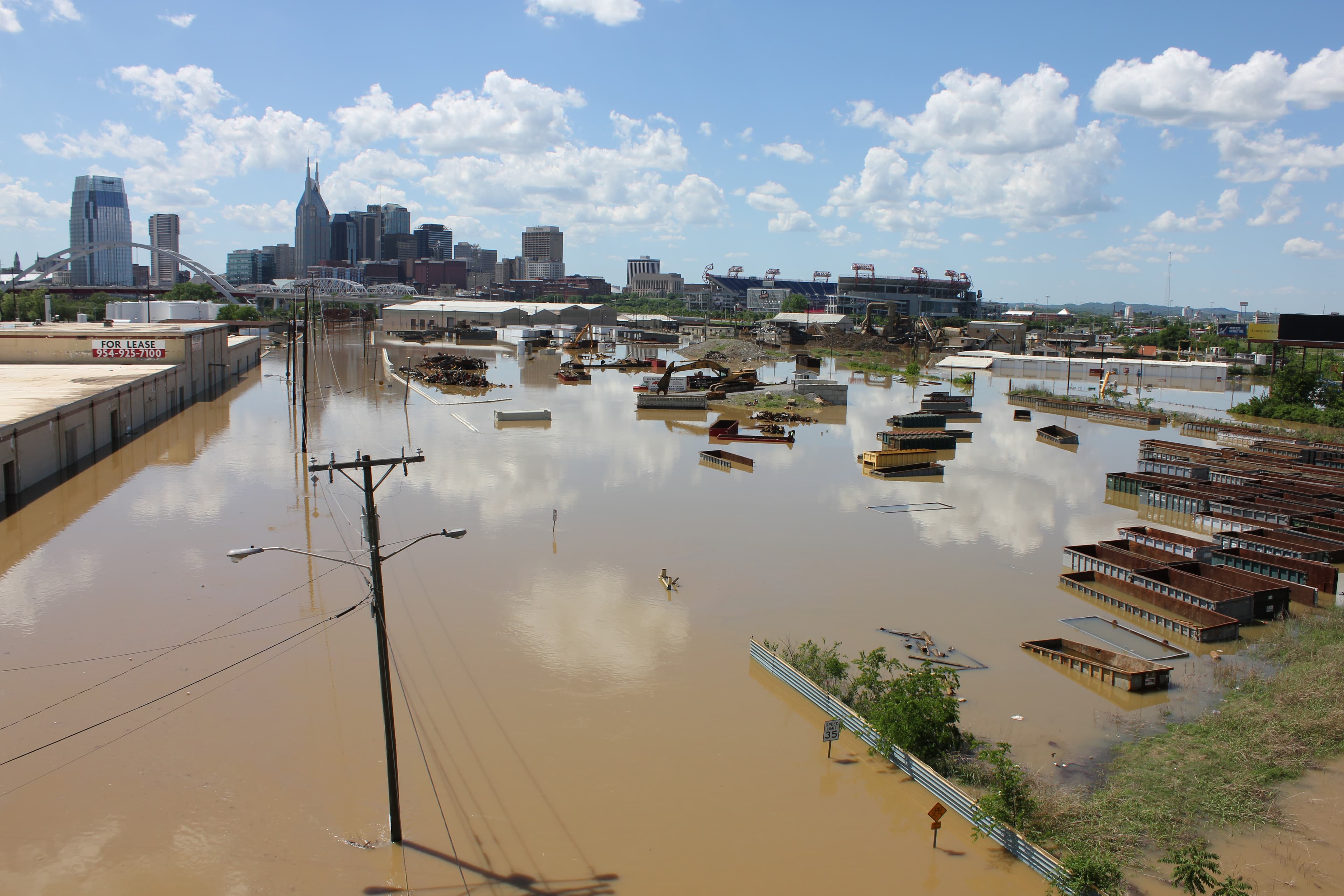 Nashville skyline with widespread flooding from the Cumberland River in 2010