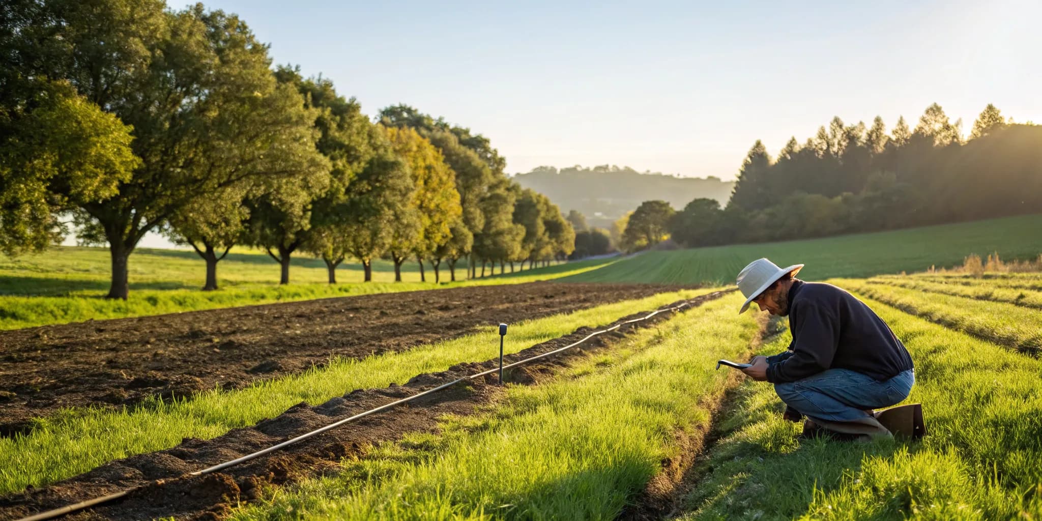 Professional kneeling in a field measuring soil drainage for a septic percolation test